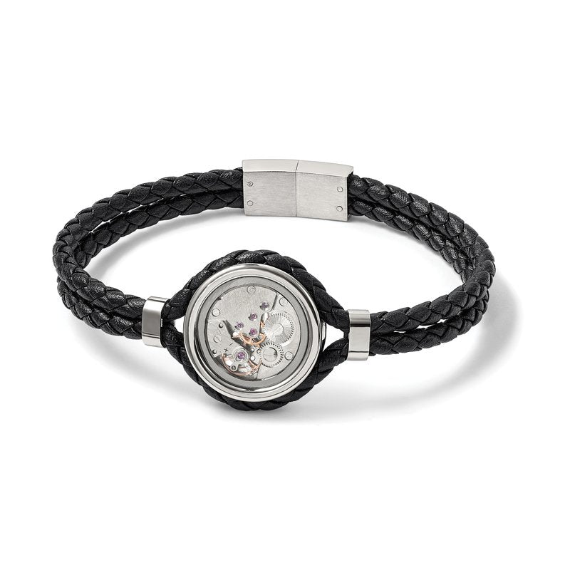 Stainless Steel Brushed and Polished Yellow IP-palted with CZ Black Braided Leather 8.5 inch Bracelet