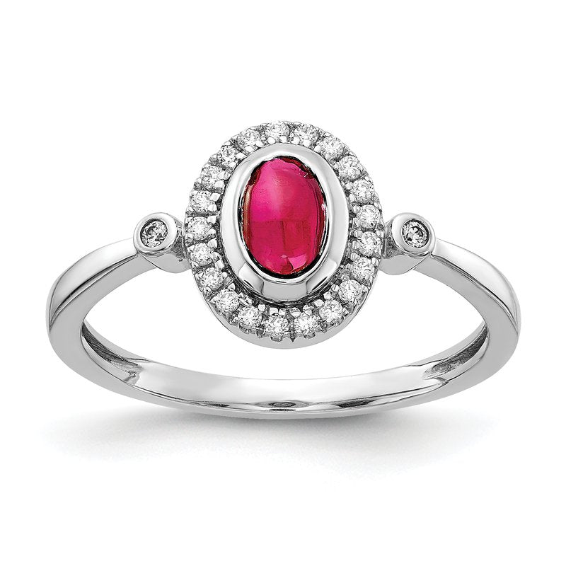 14k White Gold Diamond and Oval Cabochon Emerald Halo Ring