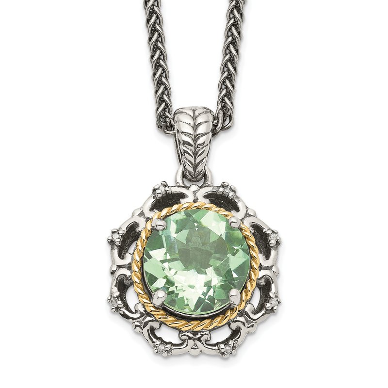 Sterling Silver with 14K Accent 18 Inch Antiqued Round Green Quartz and Diamond Necklace
