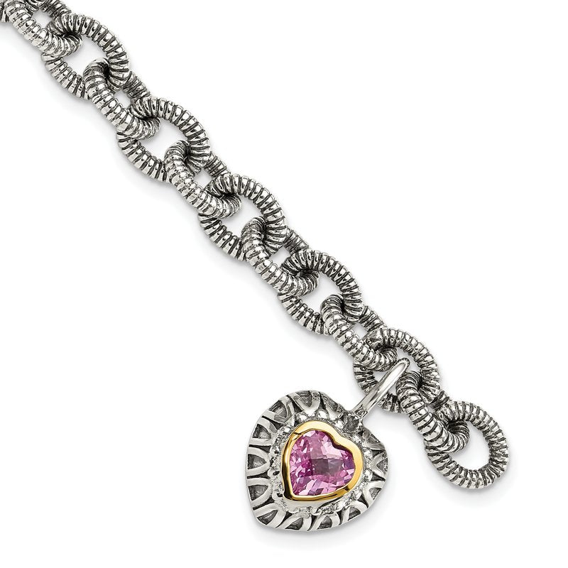 Sterling Silver with 14K Accent 7.5 Inch Antiqued Heart Bezel Created Pink Sapphire Heart Charm Bracelet
