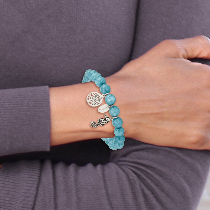 Stainless Steel Antiqued and Polished Seahorse and Tree of Life 8mm Blue Dyed Jade Beaded Stretch Bracelet
