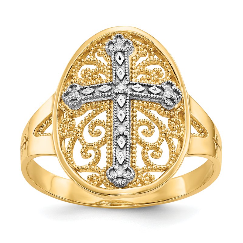 14k Yellow &amp; White Gold Diamond Filigree Cross Ring