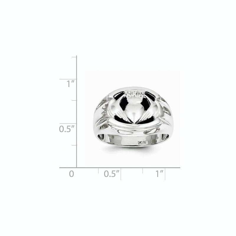 14k White Gold AA Diamond and Onyx Mens Claddagh Ring