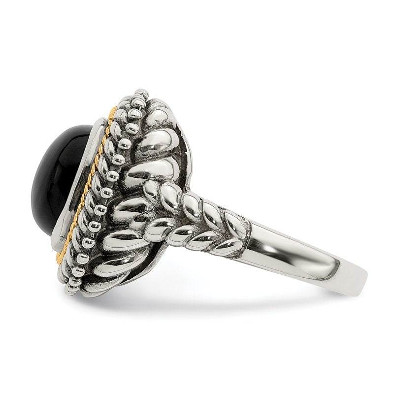 Sterling Silver with 14K Accent Antiqued Cabochon Black Onyx Ring