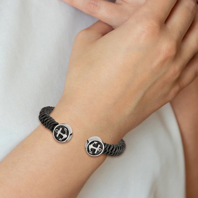 Stainless Steel Antiqued and Polished Black Leather Anchor Cuff Bangle