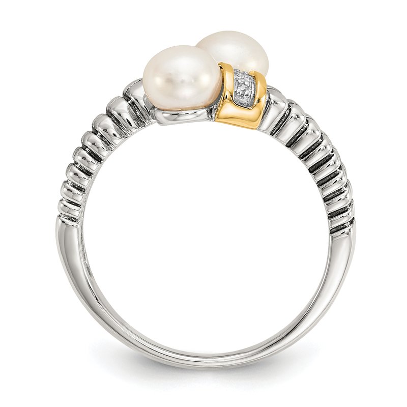 Sterling Silver with 14K Accent Antiqued 5.5-6mm Freshwater Cultured Pearl and Diamond By-Pass Ring