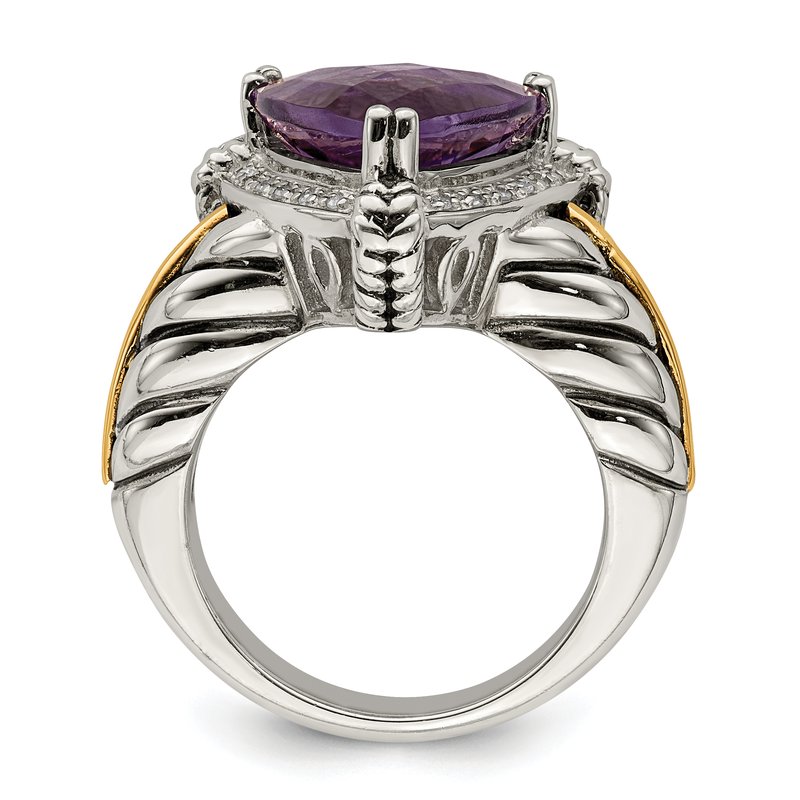 Sterling Silver with 14K Accent Antiqued Trillion Amethyst and Diamond Ring