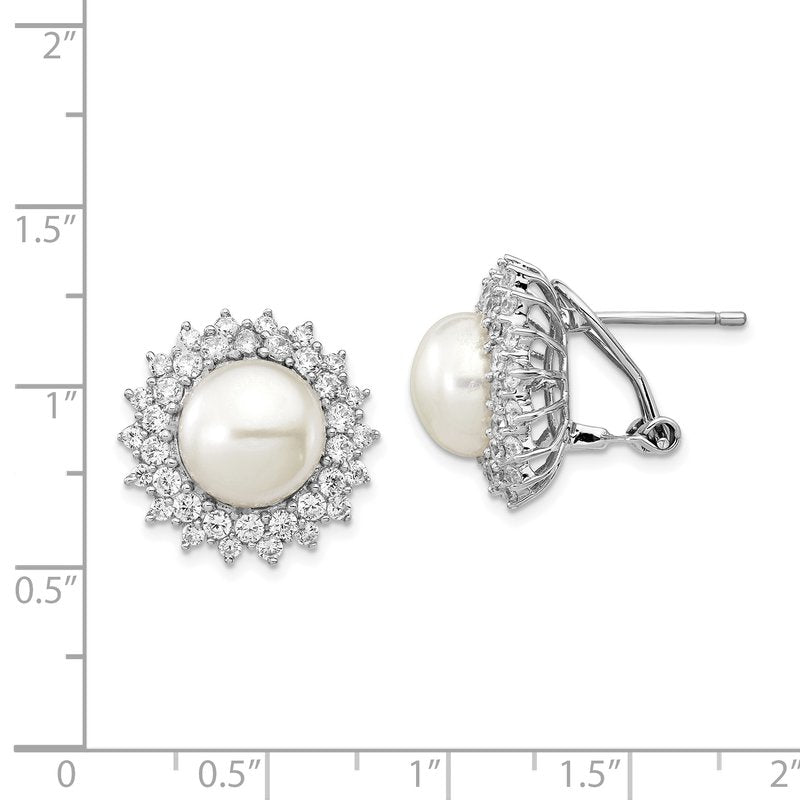 Sterling Silver Rhodium-plated Freshwater Cultured Pearl and Brilliant-cut CZ Omega Back Earrings