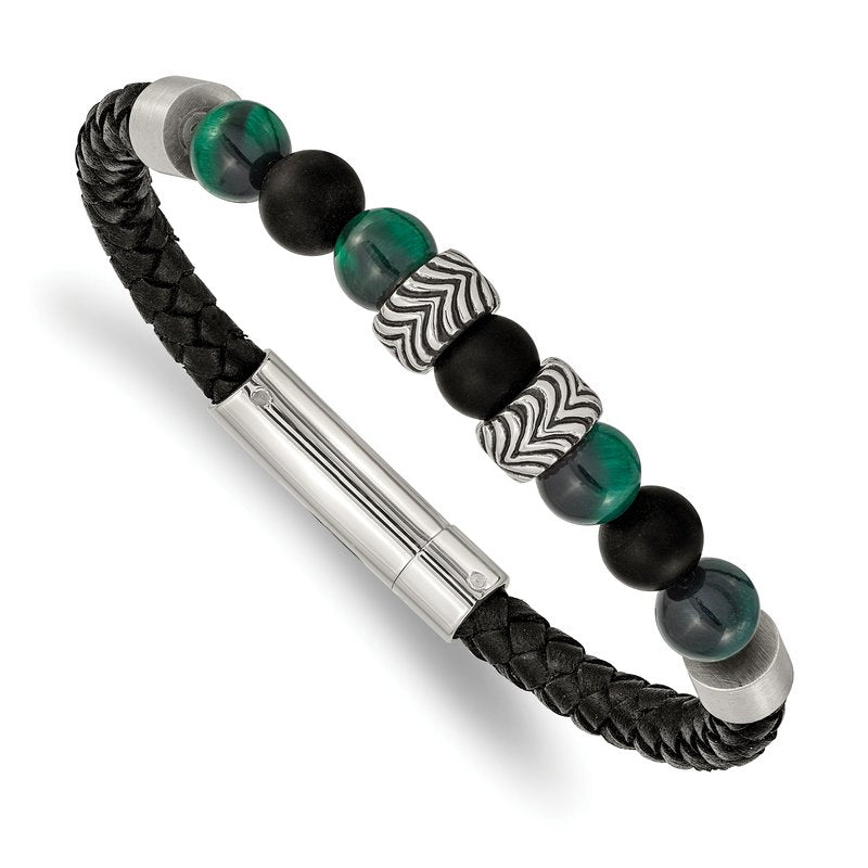 Stainless Steel Antiqued and Polished Black Agate and Green Tiger's Eye Beads Black Leather 8.5 inch Bracelet