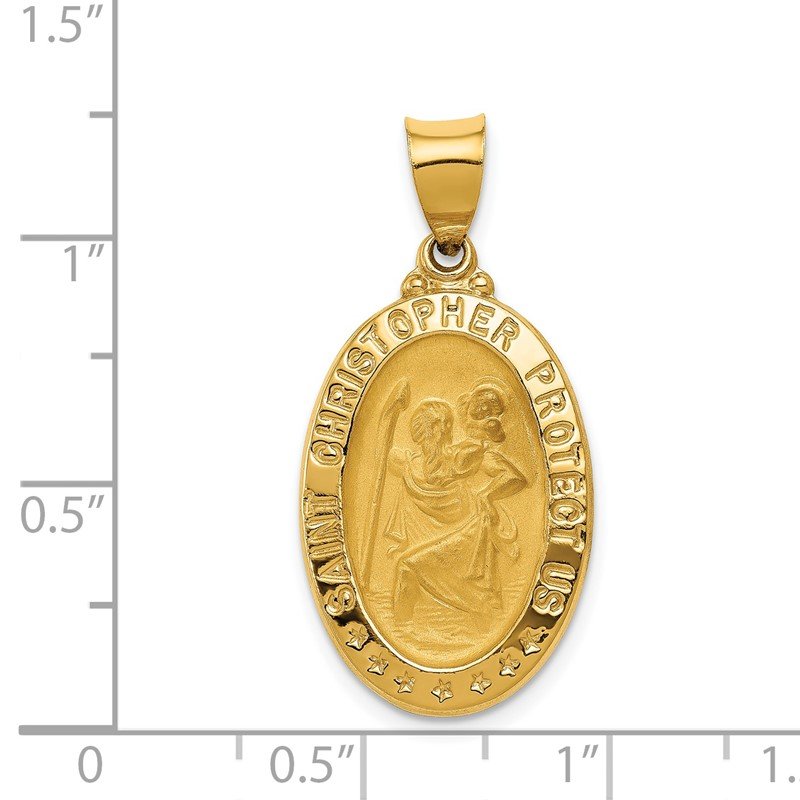 14k Polished and Satin Hollow St. Christopher Medal Oval Pendant