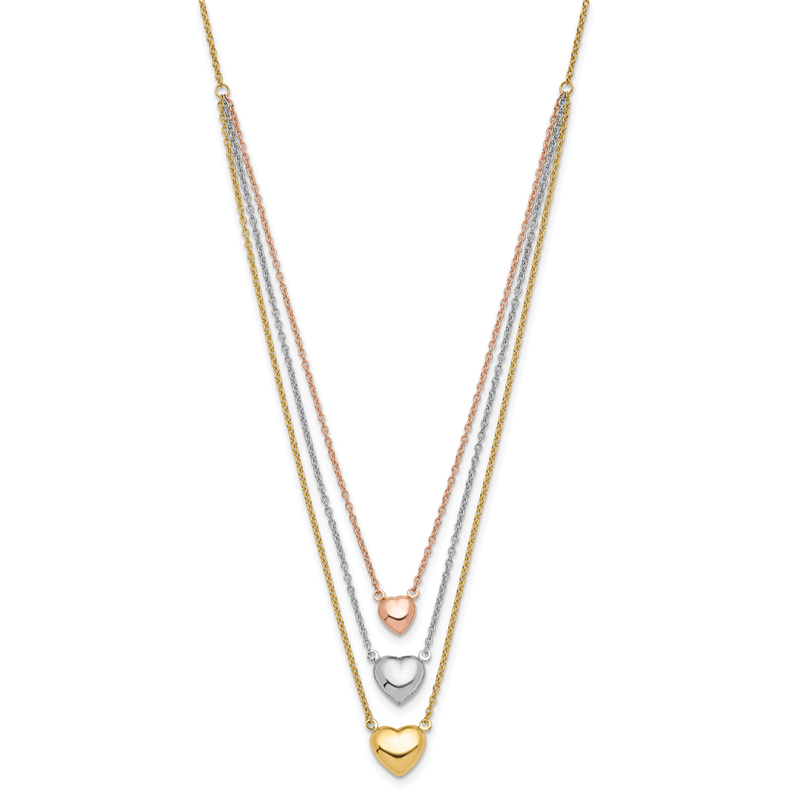 14K Tri-color Three Hearts 16 inch Layered Necklace Plus 1 inch Extender
