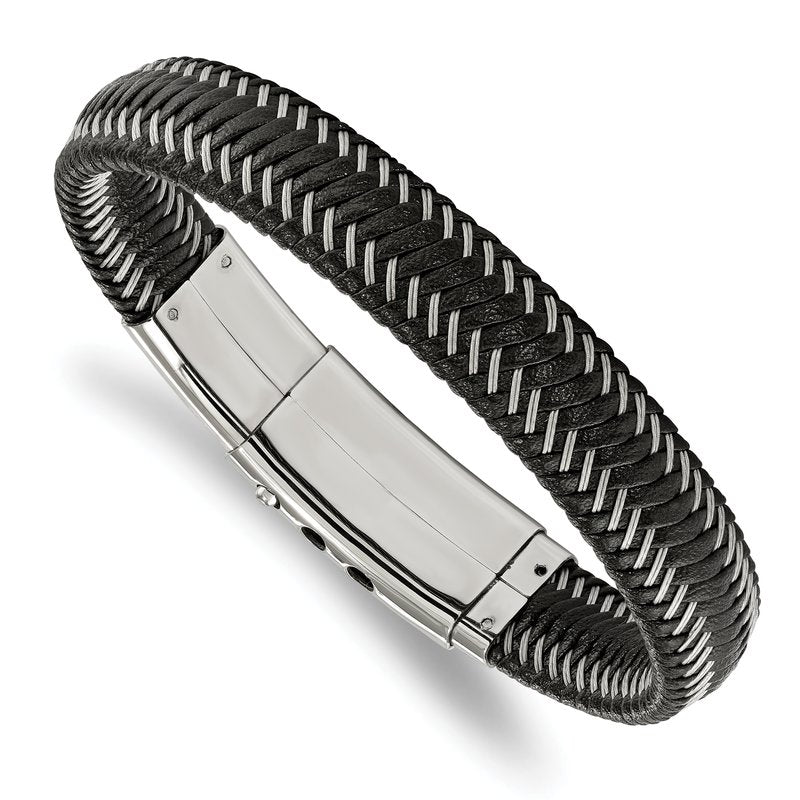 Stainless Steel Polished Braided Wire and Black Leather Adjustable 8 to 8.5 inch Bracelet