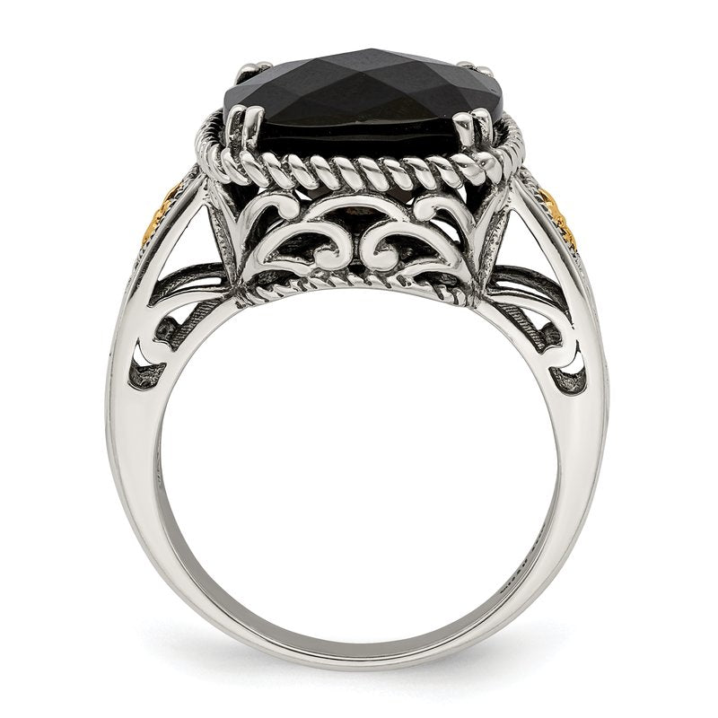 Sterling Silver with 14K Accent Antiqued Checkerboard-cut Black Onyx Ring