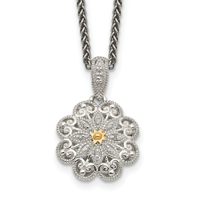 Sterling Silver Antiqued with 14K Accent 18 Inch Diamond Vintage Flower Necklace