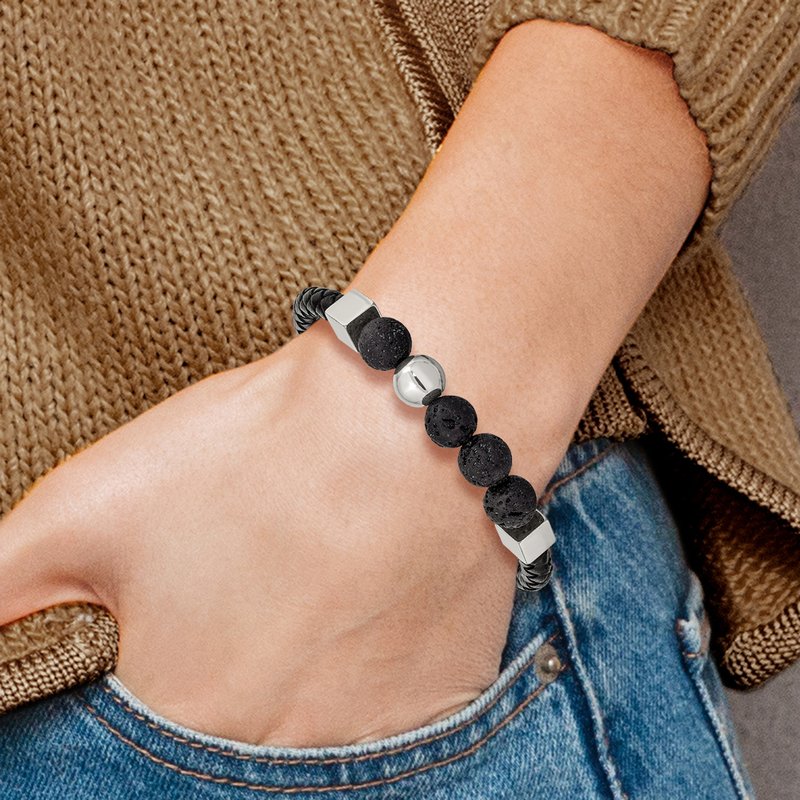 Stainless Steel Polished with Lava Stone Beads Black Leather 8 inch Bracelet