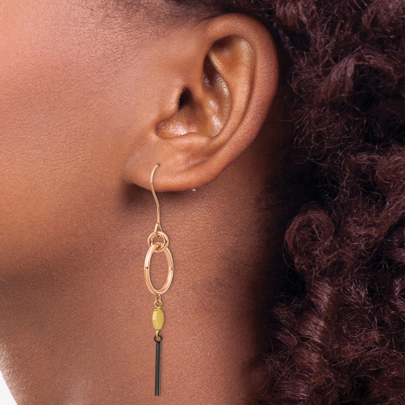 Stainless Steel Polished Black, Rose and Yellow IP-plated Dangle Shepherd Hook Earrings