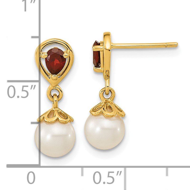 14K 6-7mm White Round Freshwater Cultured Pearl and 3.20GA Pear Mozambique Garnet Dangle Post Earrings