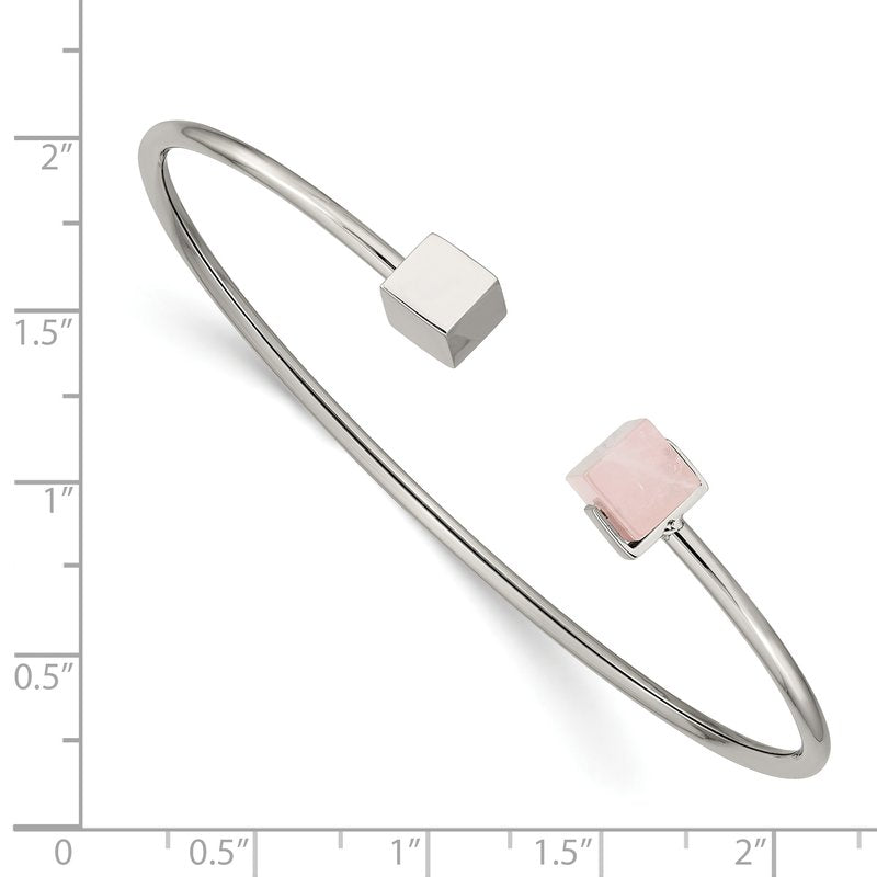 Stainless Steel Polished with Rose Quartz Flexible Cuff Bangle