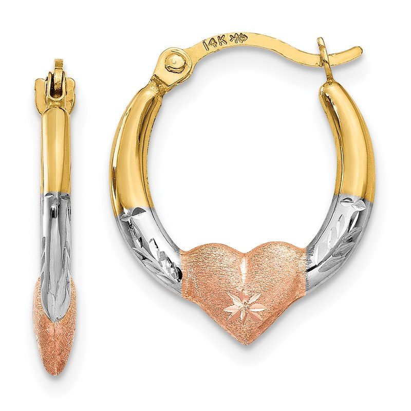 14K &amp; White and Rose Rhodium Heart Hoop Earrings