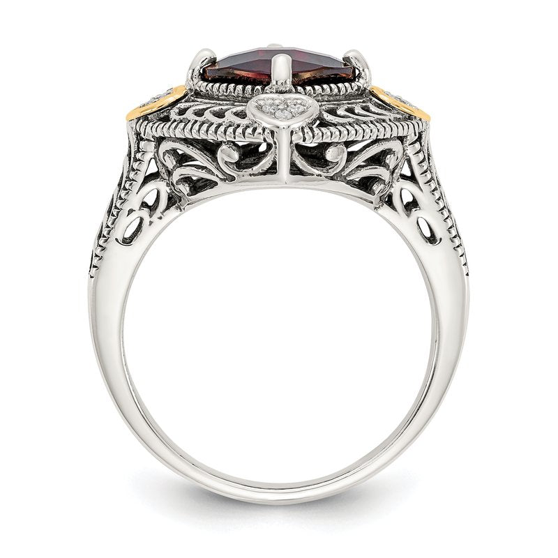 Sterling Silver with 14K Accent Antiqued Diamond and Checkerboard Cushion Garnet Ring