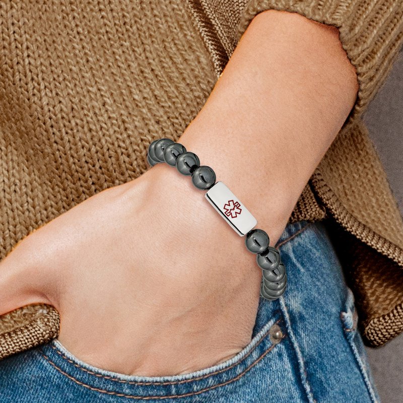 Stainless Steel Polished with Red Enamel Medical ID 8mm Hematite Beaded Stretch Bracelet