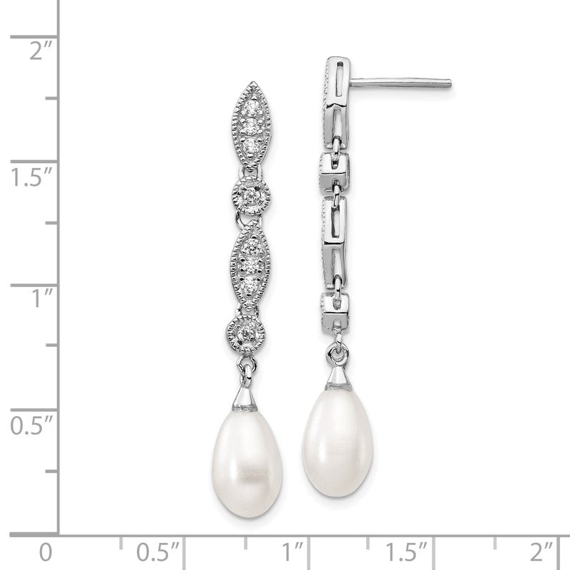 Sterling Silver Rhodium-plated Teardrop Freshwater Cultured Pearl and Brilliant-cut CZ Post Dangle Earrings