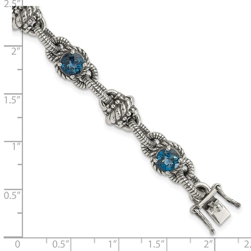 Sterling Silver 7.75 inch Antiqued Round London Blue Topaz Bracelet