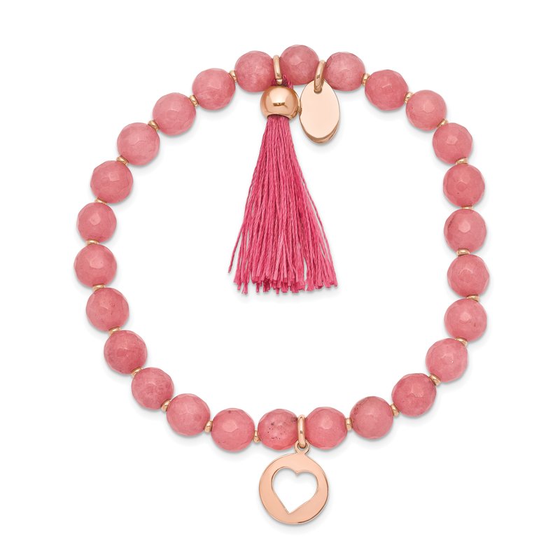 Stainless Steel Polished Rose IP-plated Heart 6mm Pink Jade Beaded Stretch Bracelet with Tassel