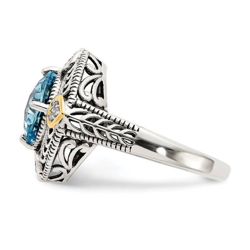 Sterling Silver with 14K Accent Antiqued Diamond and Cushion Blue Topaz Ring