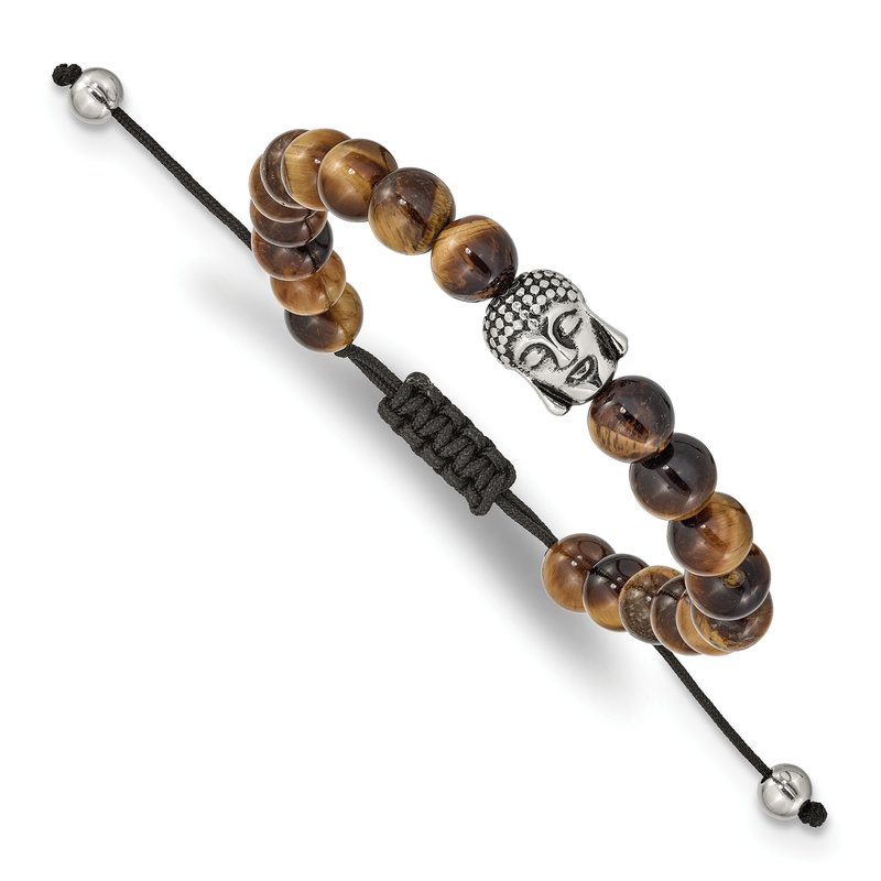 Stainless Steel Antiqued and Polished Tiger's Eye Buddha Black Macrame Adjustable Bracelet