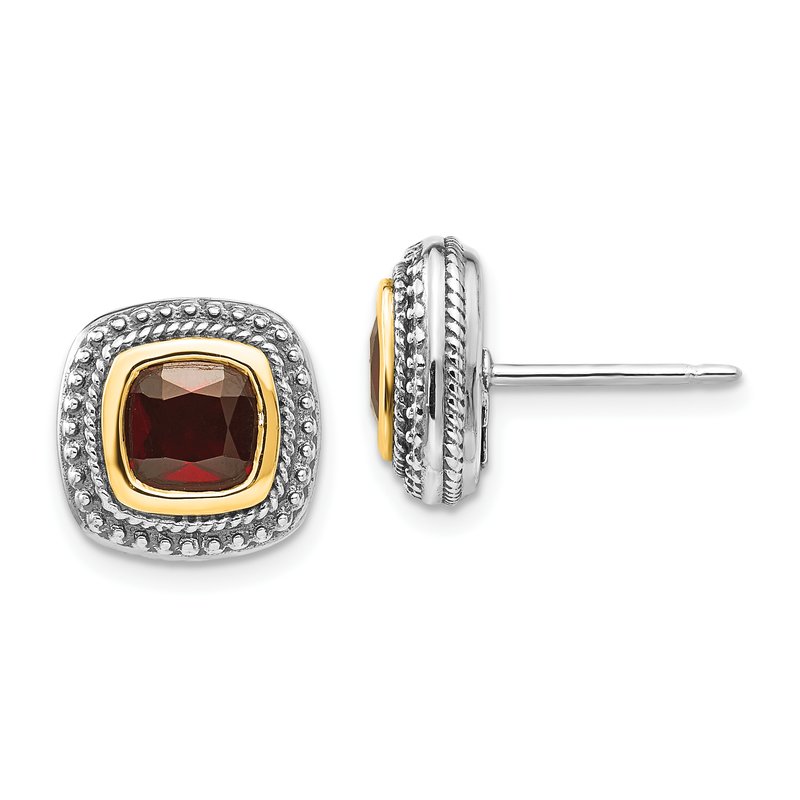 Sterling Silver with 14K Accent Antiqued Cushion Bezel Garnet Post Earrings