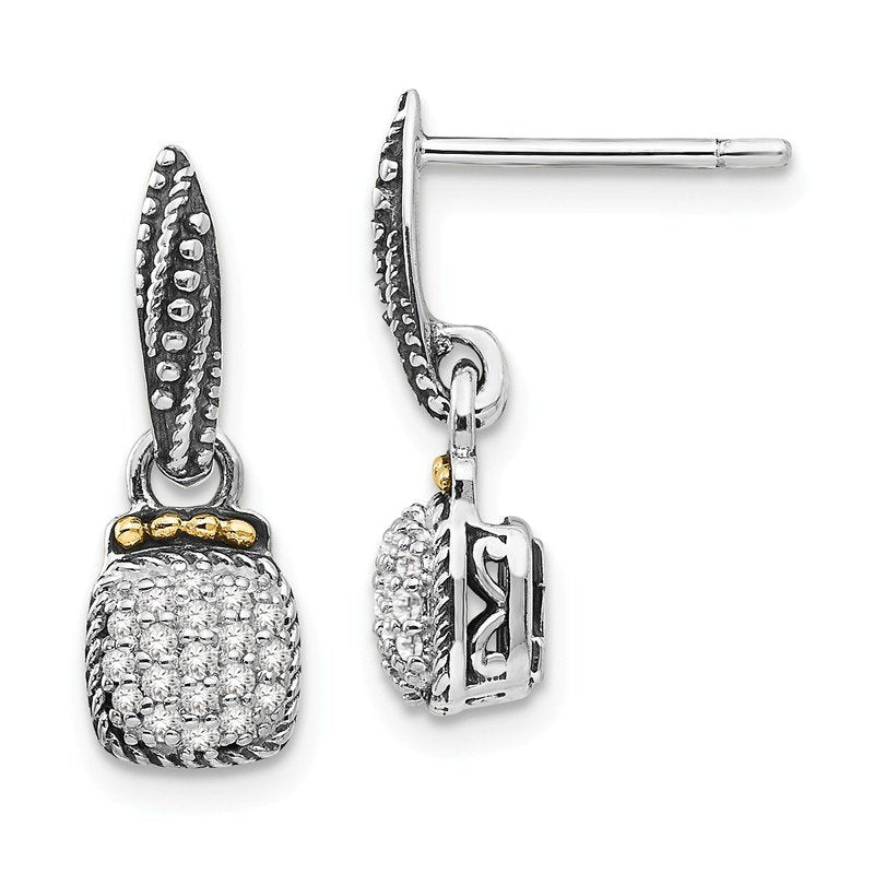 Sterling Silver with 14K Accent Antiqued Diamond Dangle Post Earrings