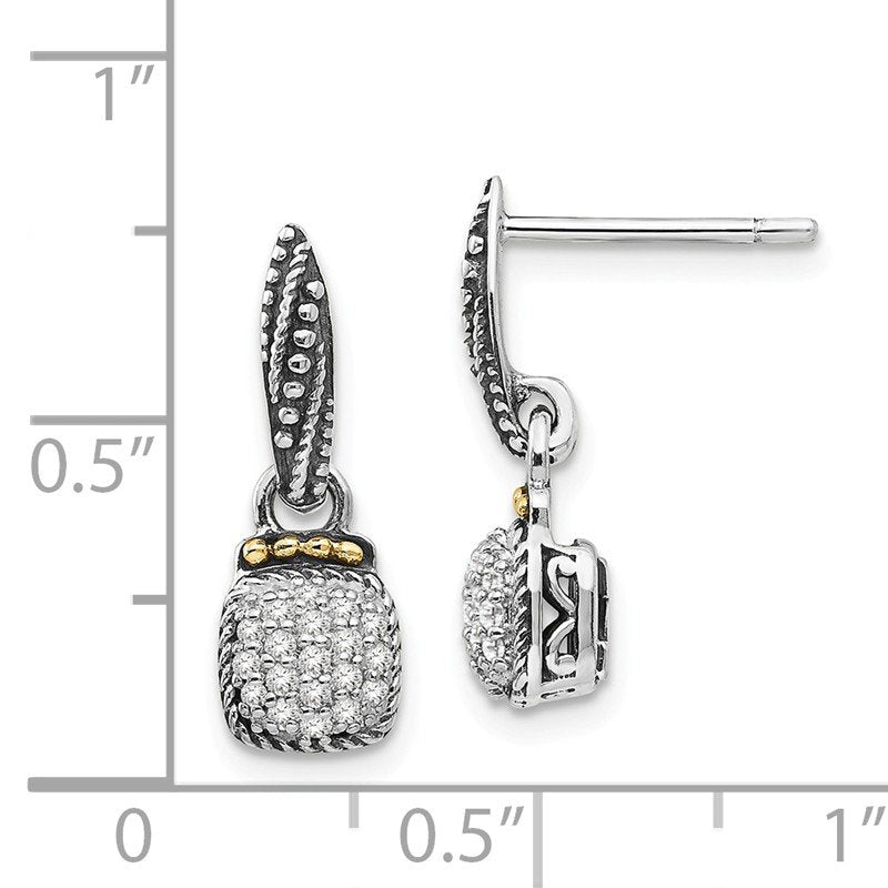 Sterling Silver with 14K Accent Antiqued Diamond Dangle Post Earrings