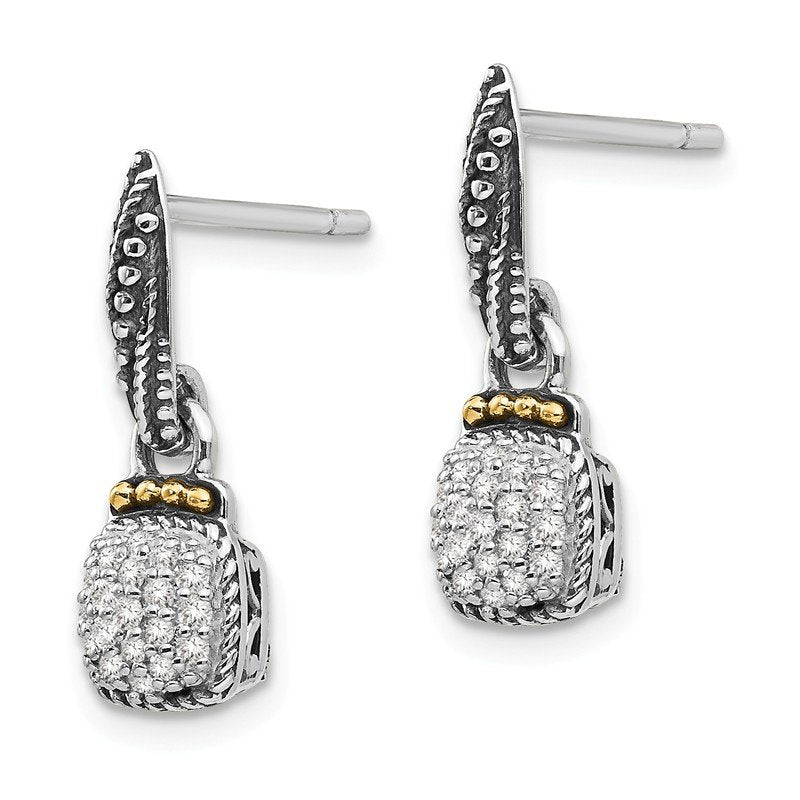 Sterling Silver with 14K Accent Antiqued Diamond Dangle Post Earrings