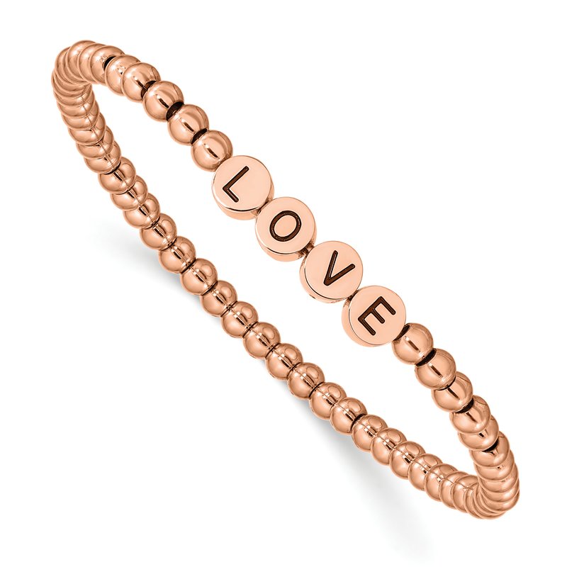 Stainless Steel Antiqued and Polished Rose IP-plated LOVE 4mm Stretch Bracelet