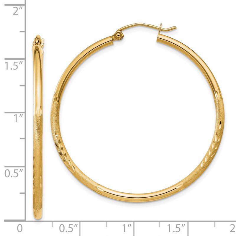 14k Satin and Diamond-cut 2mm Round Tube Hoop Earrings