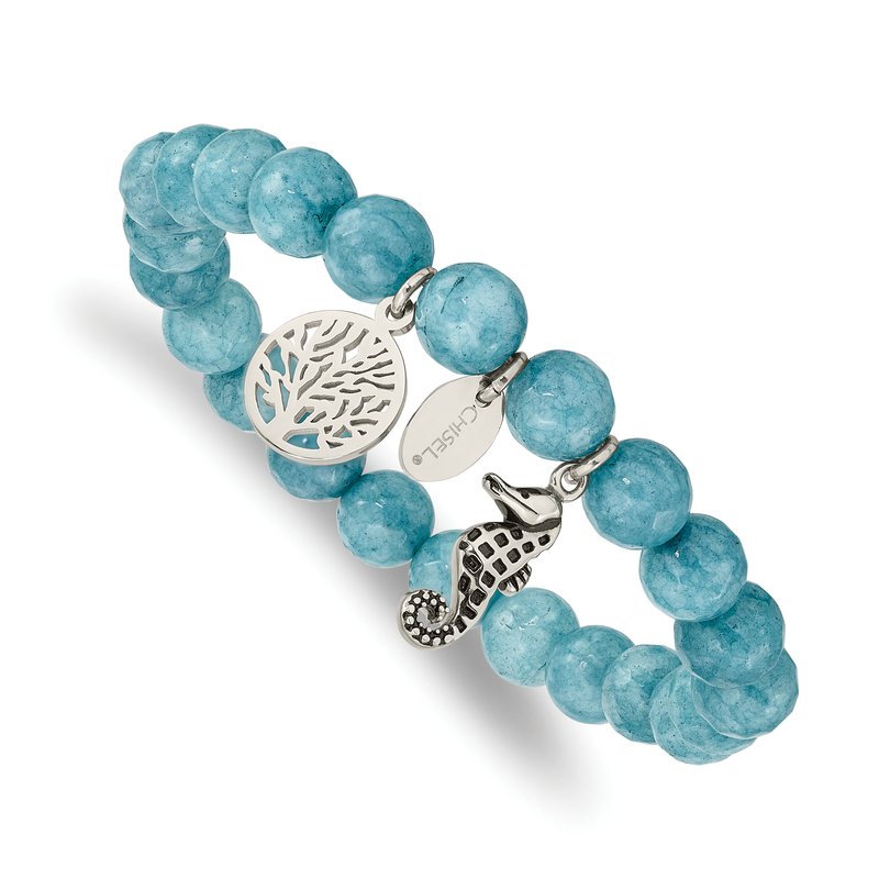 Stainless Steel Antiqued and Polished Seahorse and Tree of Life 8mm Blue Dyed Jade Beaded Stretch Bracelet