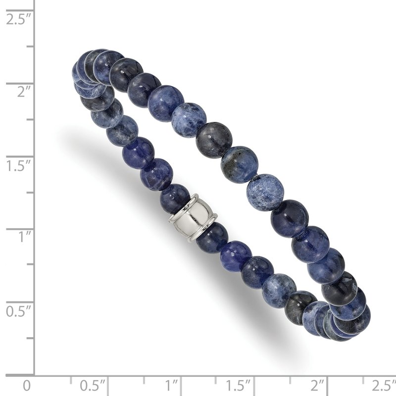 Stainless Steel Polished 6mm Blue Sodalite Beaded Stretch Bracelet