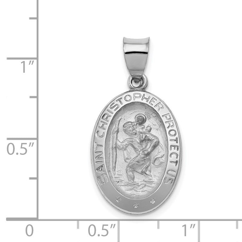 14k White Gold Polished and Satin Hollow St Christopher Medal Oval Pendant