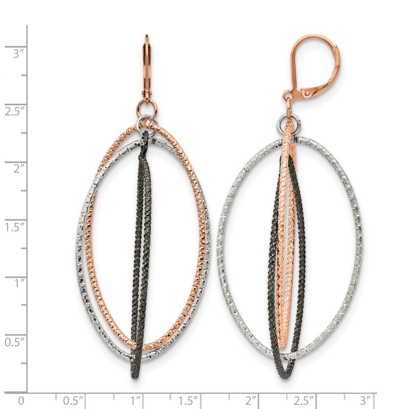 Stainless Steel Polished and Textured Gun and Rose IP-plated Dangle Leverback Earrings