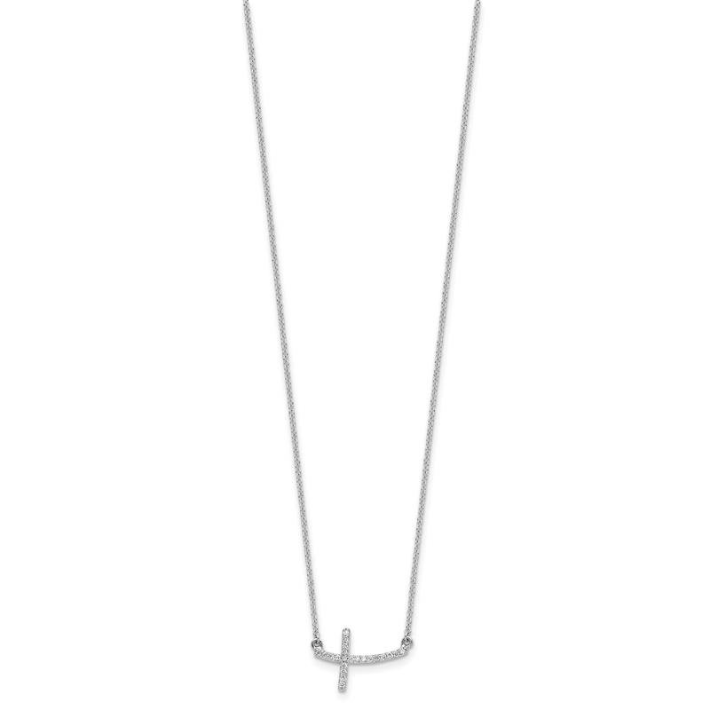 14k White Gold 1/10 carat Diamond Curved Sideways Cross 18 inch Necklace