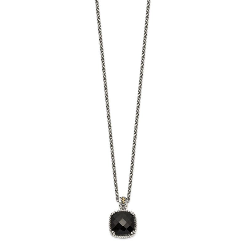 Sterling Silver with 14K Accent 18 Inch Antiqued Checkerboard-cut Black Onyx Necklace
