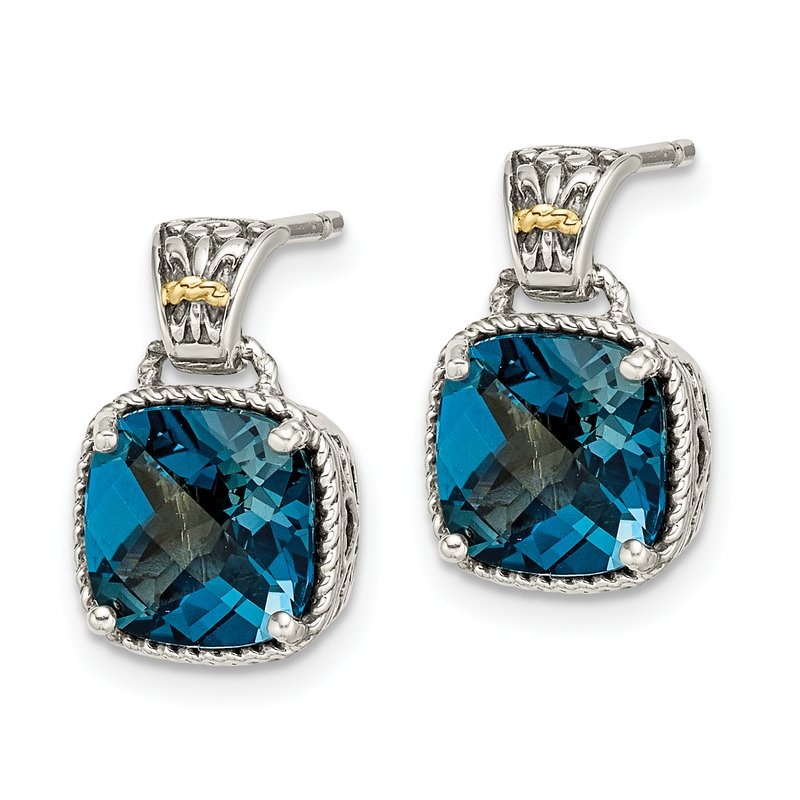 Sterling Silver with 14K Accent Antiqued Cushion London Blue Topaz Post Dangle Earrings