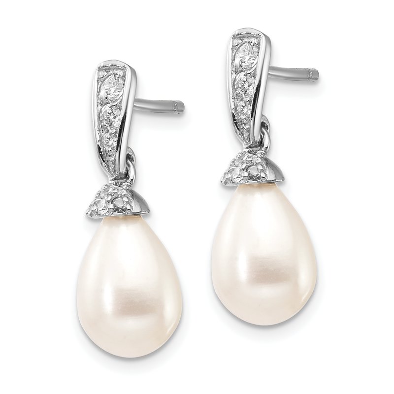Sterling Silver Rhodium-plated Teardrop White Freshwater Cultured Pearl and Brilliant-cut CZ Post Dangle Earrings