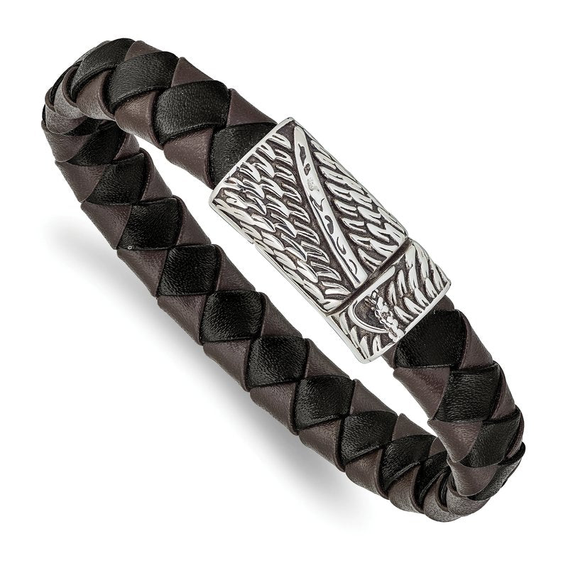 Stainless Steel Antiqued and Polished Sword Black and Brown Braided Leather 8.5 inch Bracelet