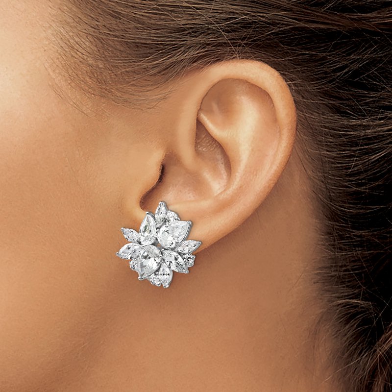 Sterling Silver Rhodium-plated Brilliant-cut &amp; Marquise-cut CZ Cluster Post Omega Back Earrings