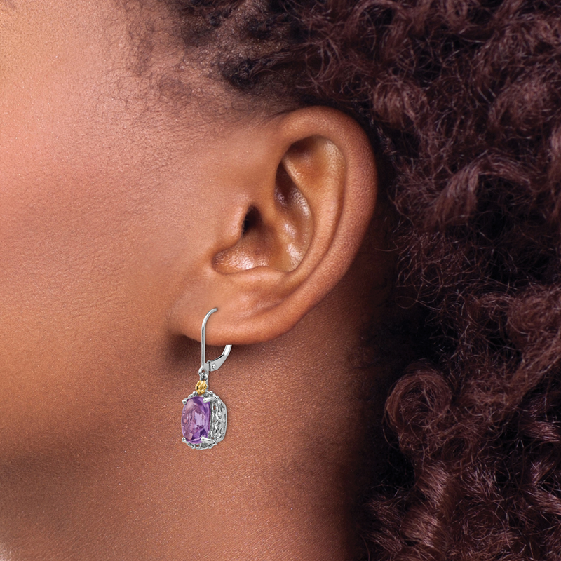Sterling Silver Antiqued with 14K Accent Cushion Amethyst Leverback Dangle Earrings
