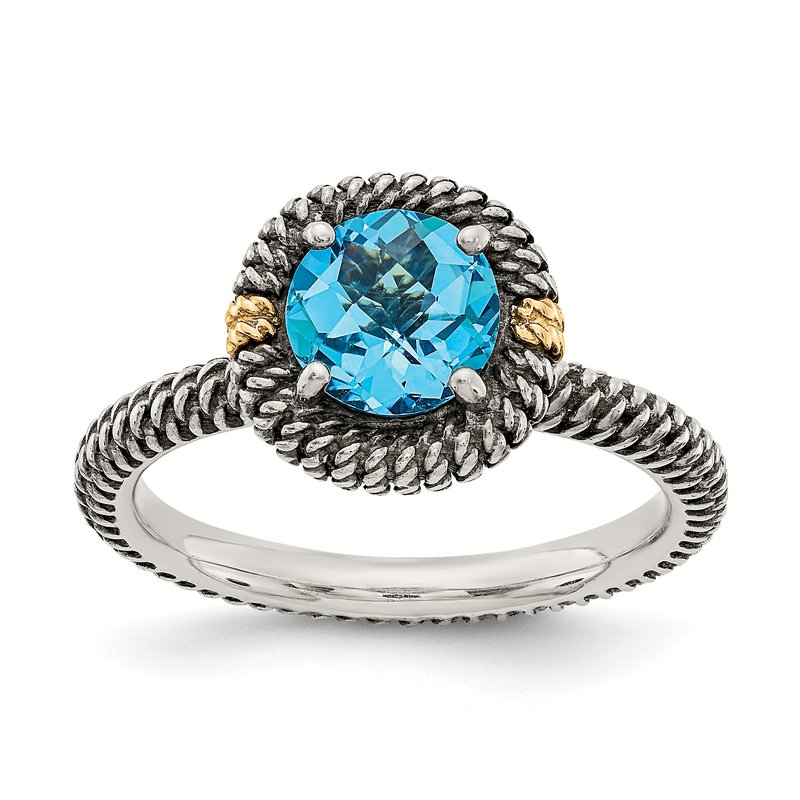 Sterling Silver with 14K Accent Antiqued Round Blue Topaz Ring