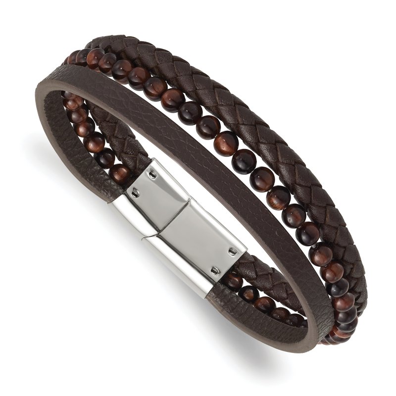 Stainless Steel Polished Multi Strand Tiger's Eye Beaded Brown Leather 8.25 inch Bracelet