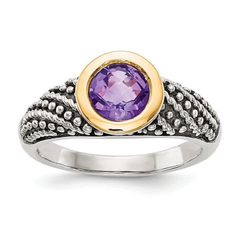 Sterling Silver with 14K Accent Antiqued Round Bezel Amethyst Ring